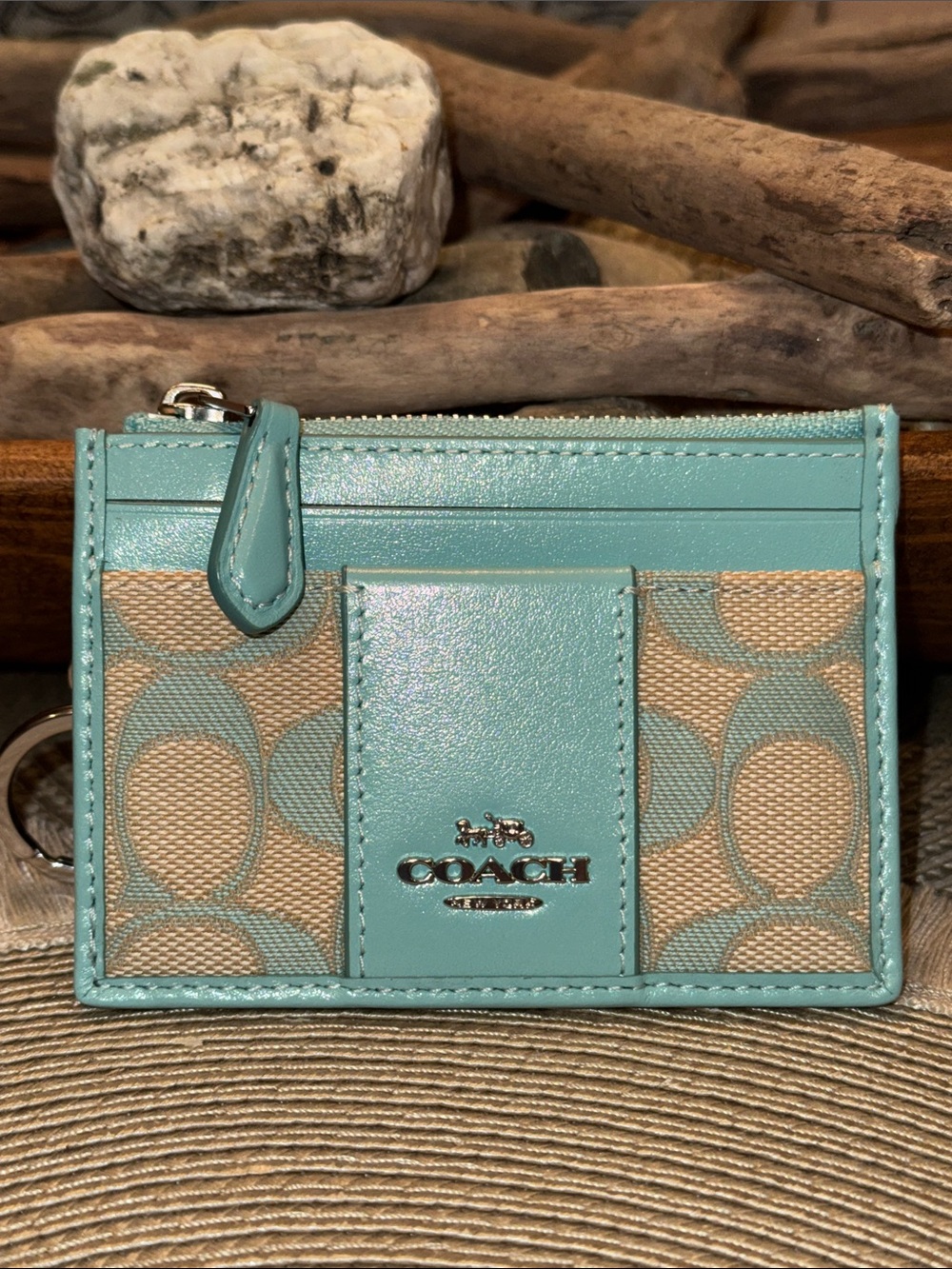 Coach Card Case in Aqua and Beige Signature Canvas NWT